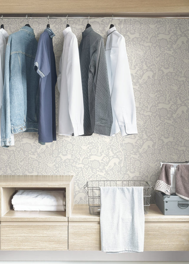 Merriment Grey Peel & Stick Wallpaper with Scandinavian Forest Motif - NuWallpaper NUS3677