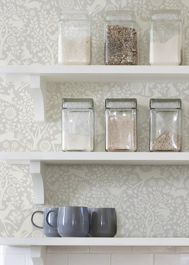 Merriment Grey Peel & Stick Wallpaper with Scandinavian Forest Motif - NuWallpaper NUS3677