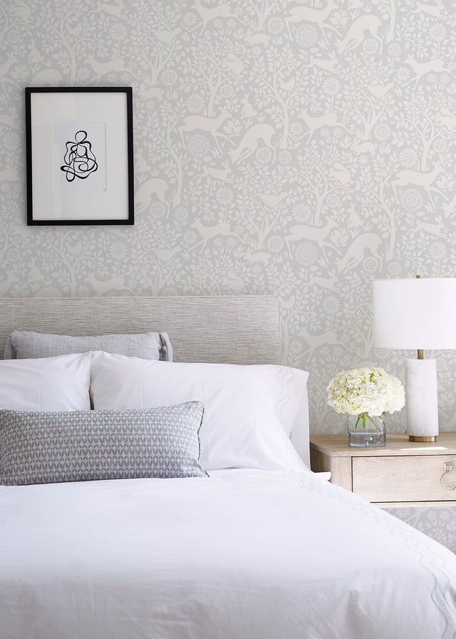 Merriment Grey Peel & Stick Wallpaper with Scandinavian Forest Motif - NuWallpaper NUS3677