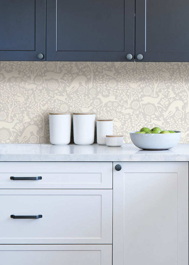 Merriment Grey Peel & Stick Wallpaper with Scandinavian Forest Motif - NuWallpaper NUS3677