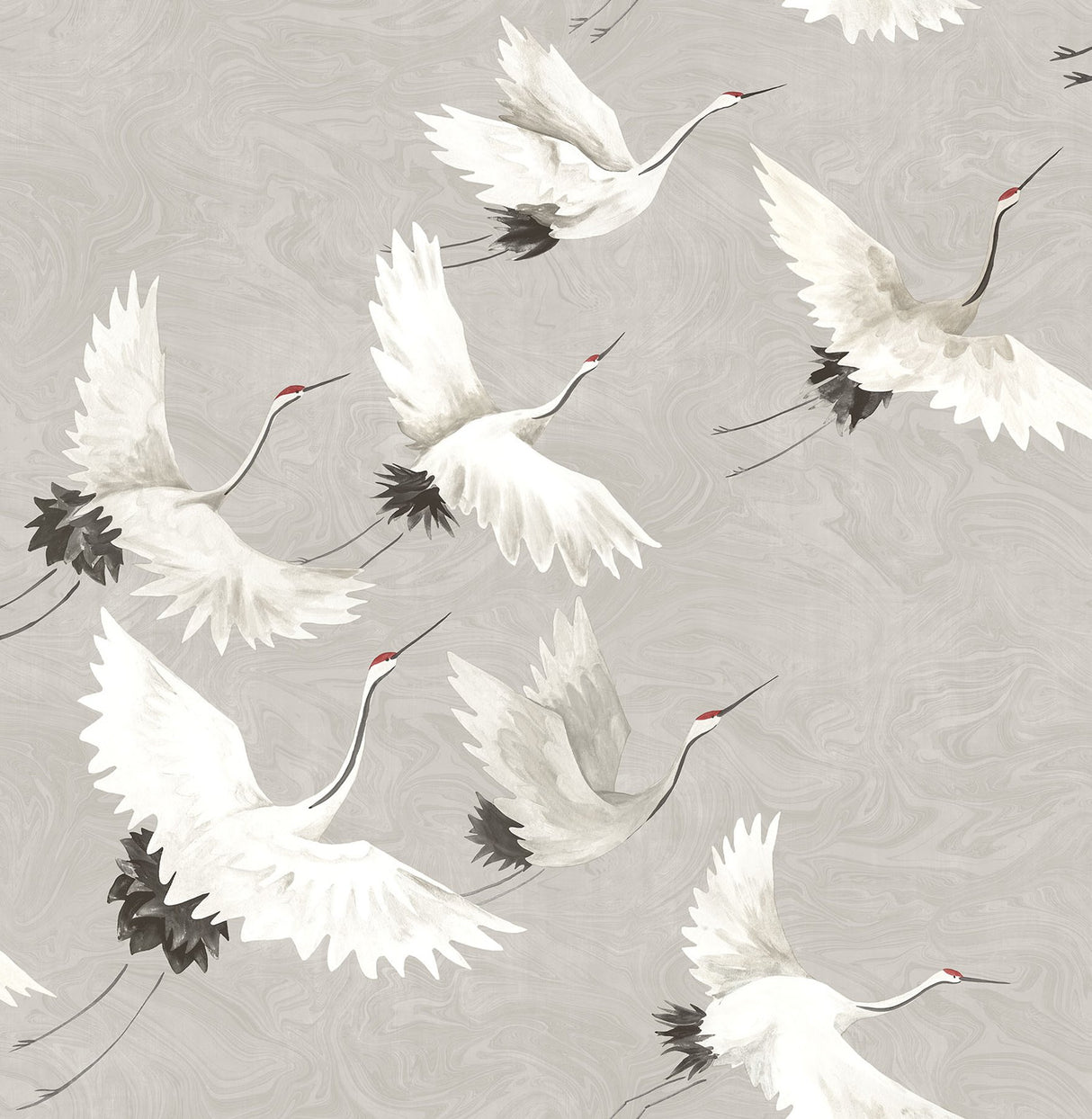Halcyon Grey Peel & Stick Wallpaper with Hand-Painted White Crane Motif - NuWallpaper NUS3678