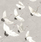 Halcyon Grey Peel & Stick Wallpaper with Hand-Painted White Crane Motif - NuWallpaper NUS3678