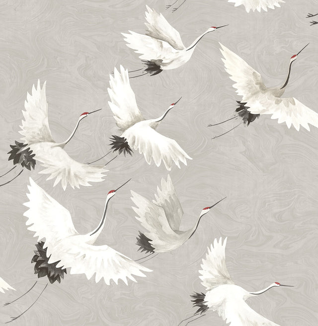 Halcyon Grey Peel & Stick Wallpaper with Hand-Painted White Crane Motif - NuWallpaper NUS3678