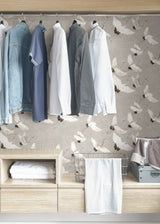 Halcyon Grey Peel & Stick Wallpaper with Hand-Painted White Crane Motif - NuWallpaper NUS3678