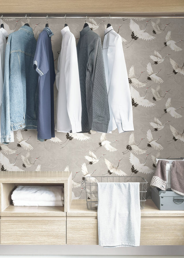 Halcyon Grey Peel & Stick Wallpaper with Hand-Painted White Crane Motif - NuWallpaper NUS3678