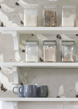 Halcyon Grey Peel & Stick Wallpaper with Hand-Painted White Crane Motif - NuWallpaper NUS3678
