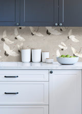 Halcyon Grey Peel & Stick Wallpaper with Hand-Painted White Crane Motif - NuWallpaper NUS3678