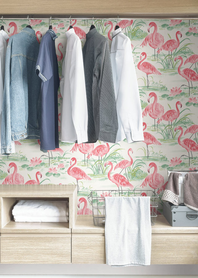 Flamingo Beach Pink Peel & Stick Wallpaper with Tropical Flamingo Motif - Brewster NUS3679