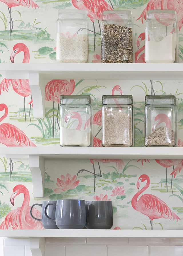 Flamingo Beach Pink Peel & Stick Wallpaper with Tropical Flamingo Motif - Brewster NUS3679
