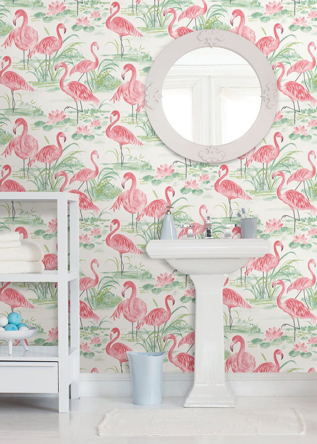 Flamingo Beach Pink Peel & Stick Wallpaper with Tropical Flamingo Motif - Brewster NUS3679