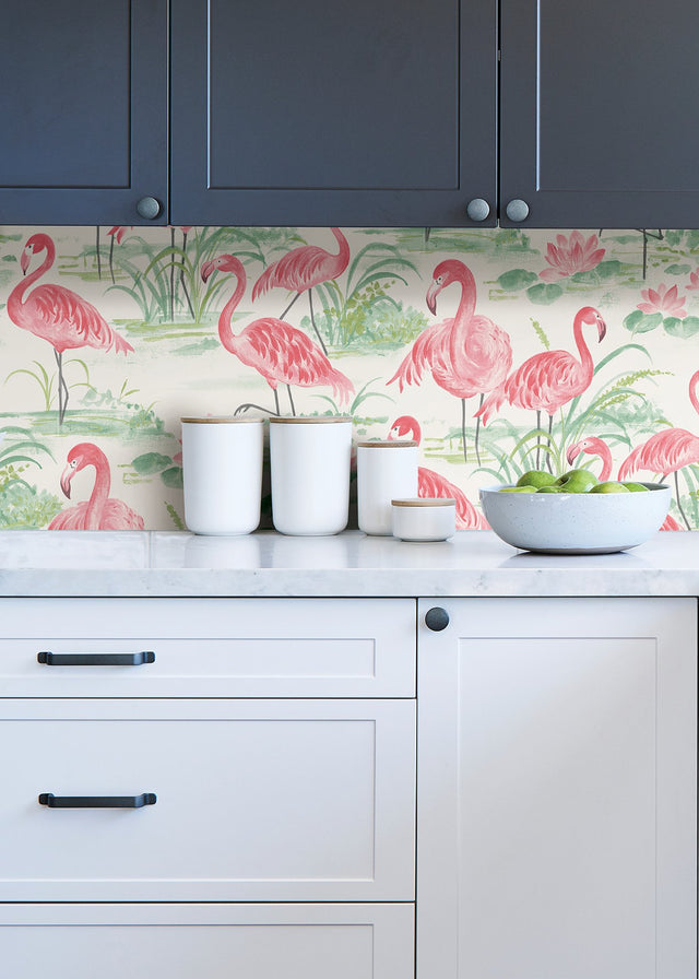 Flamingo Beach Pink Peel & Stick Wallpaper with Tropical Flamingo Motif - Brewster NUS3679