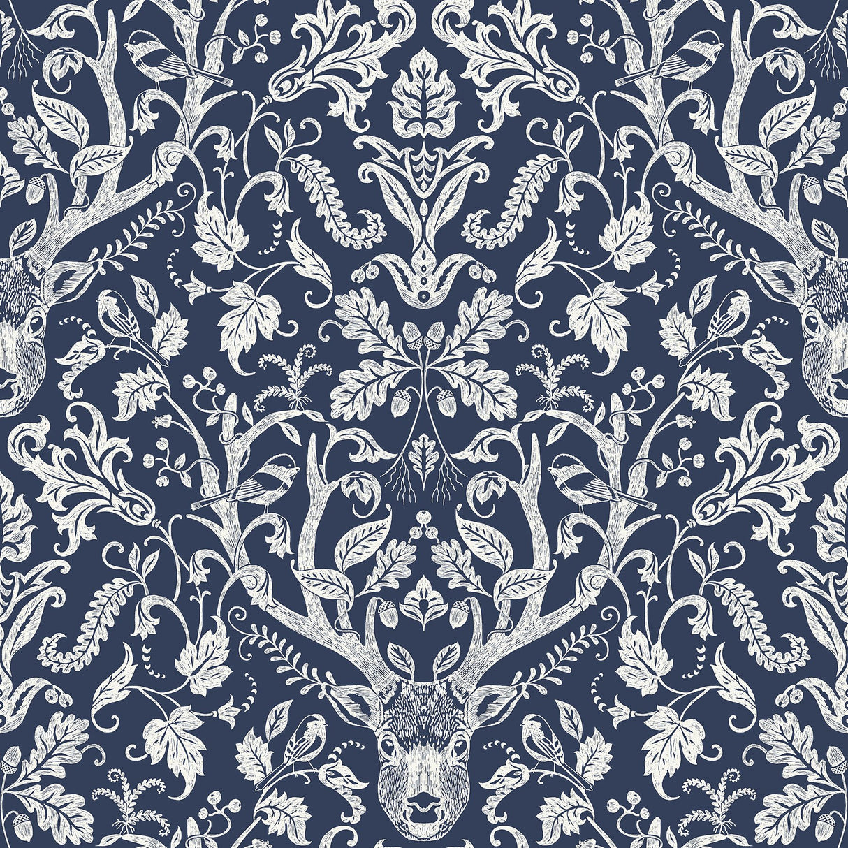 Escape to the Forest Navy Peel & Stick Wallpaper with Whimsical Damask Forest Motif - NuWallpaper NUS3680