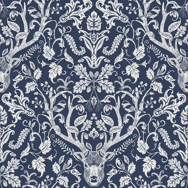 Escape to the Forest Navy Peel & Stick Wallpaper with Whimsical Damask Forest Motif - NuWallpaper NUS3680