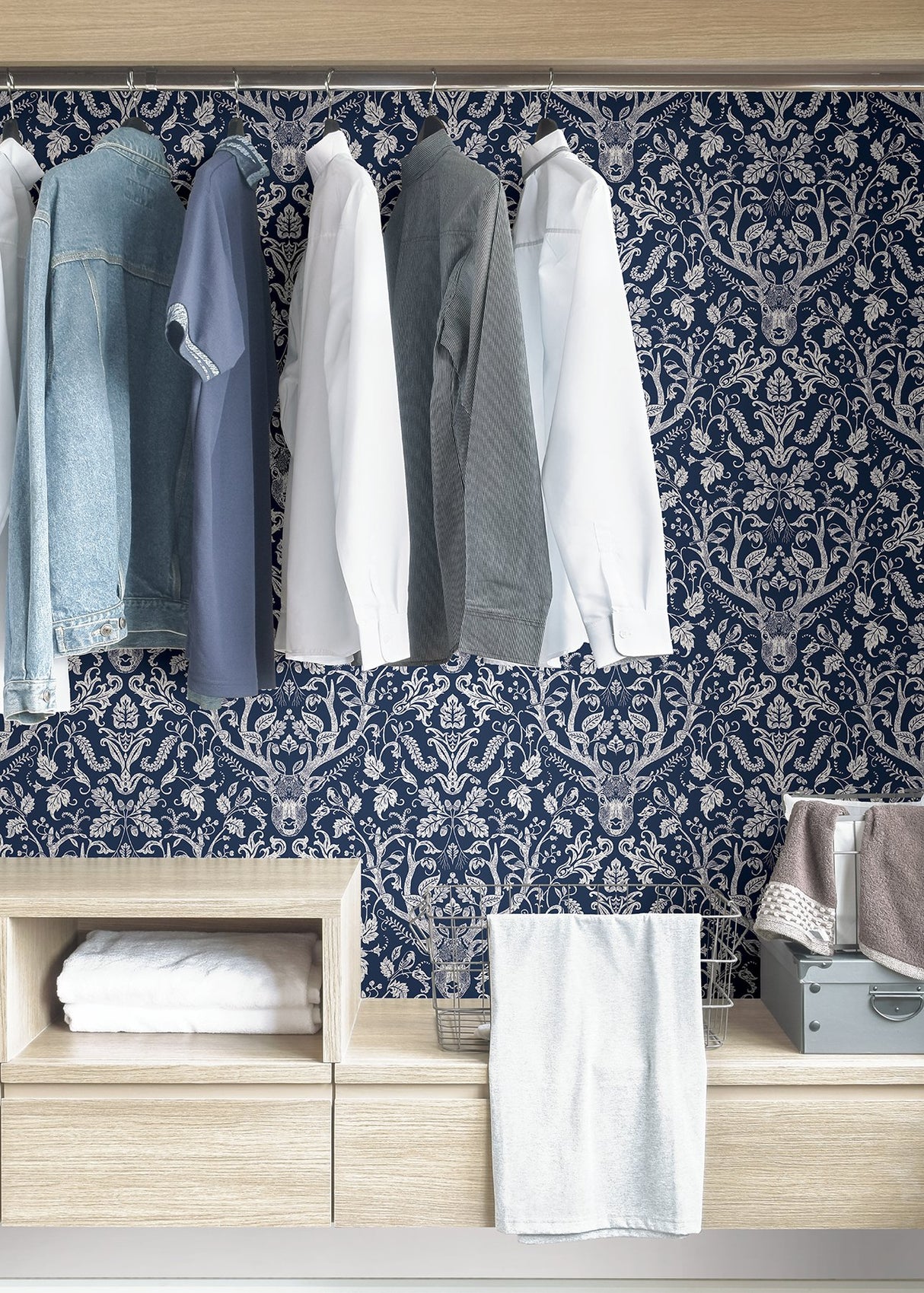 Escape to the Forest Navy Peel & Stick Wallpaper with Whimsical Damask Forest Motif - NuWallpaper NUS3680