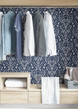 Escape to the Forest Navy Peel & Stick Wallpaper with Whimsical Damask Forest Motif - NuWallpaper NUS3680