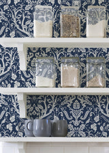 Escape to the Forest Navy Peel & Stick Wallpaper with Whimsical Damask Forest Motif - NuWallpaper NUS3680