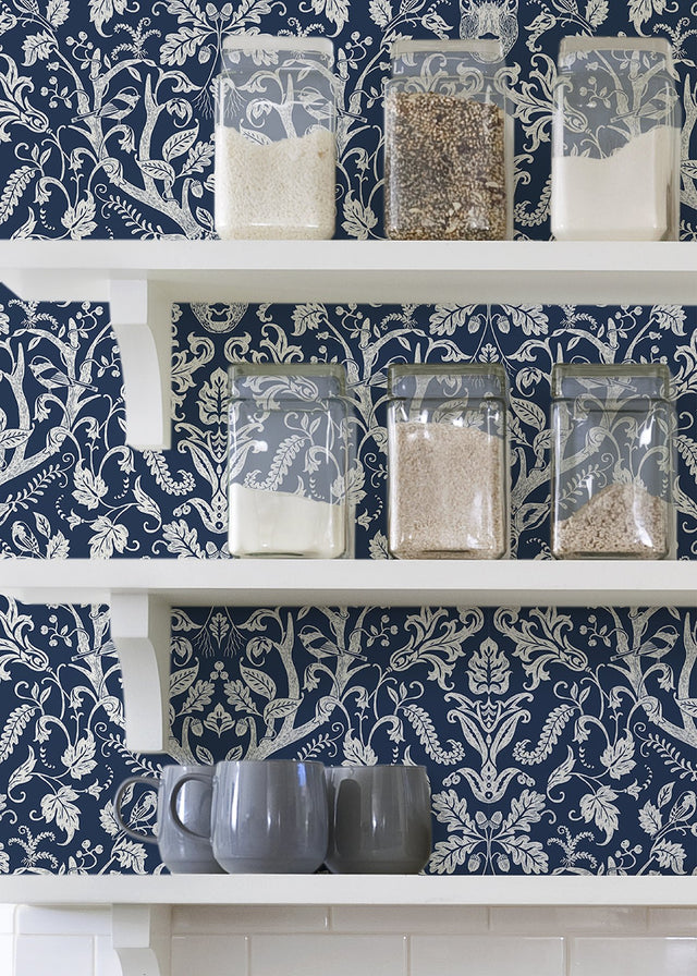 Escape to the Forest Navy Peel & Stick Wallpaper with Whimsical Damask Forest Motif - NuWallpaper NUS3680