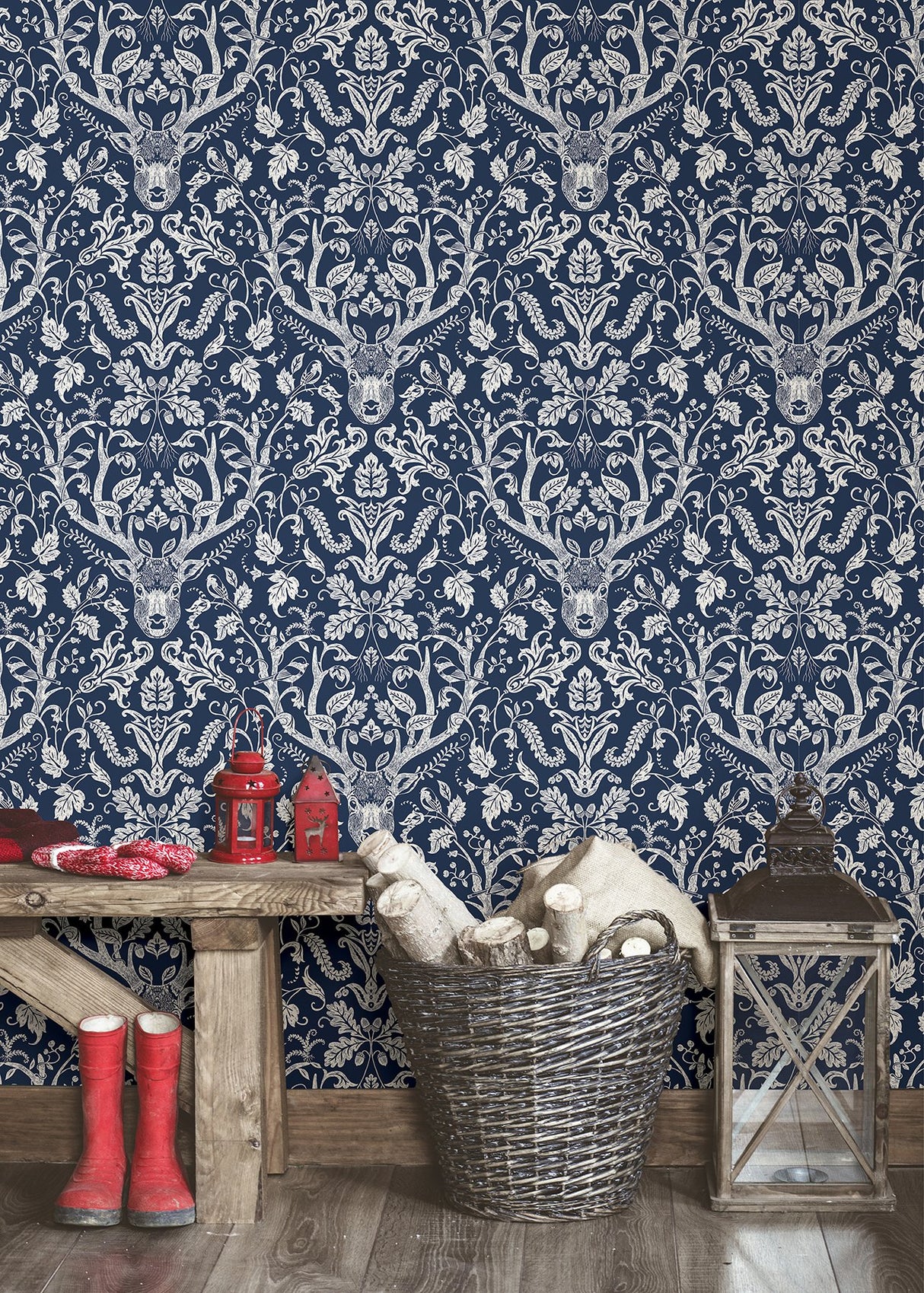 Escape to the Forest Navy Peel & Stick Wallpaper with Whimsical Damask Forest Motif - NuWallpaper NUS3680