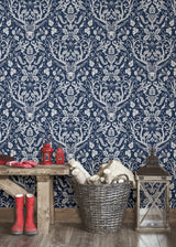 Escape to the Forest Navy Peel & Stick Wallpaper with Whimsical Damask Forest Motif - NuWallpaper NUS3680