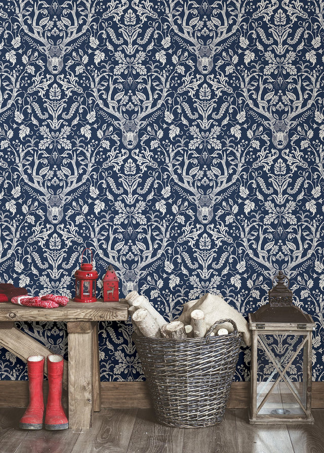 Escape to the Forest Navy Peel & Stick Wallpaper with Whimsical Damask Forest Motif - NuWallpaper NUS3680
