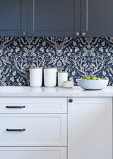 Escape to the Forest Navy Peel & Stick Wallpaper with Whimsical Damask Forest Motif - NuWallpaper NUS3680
