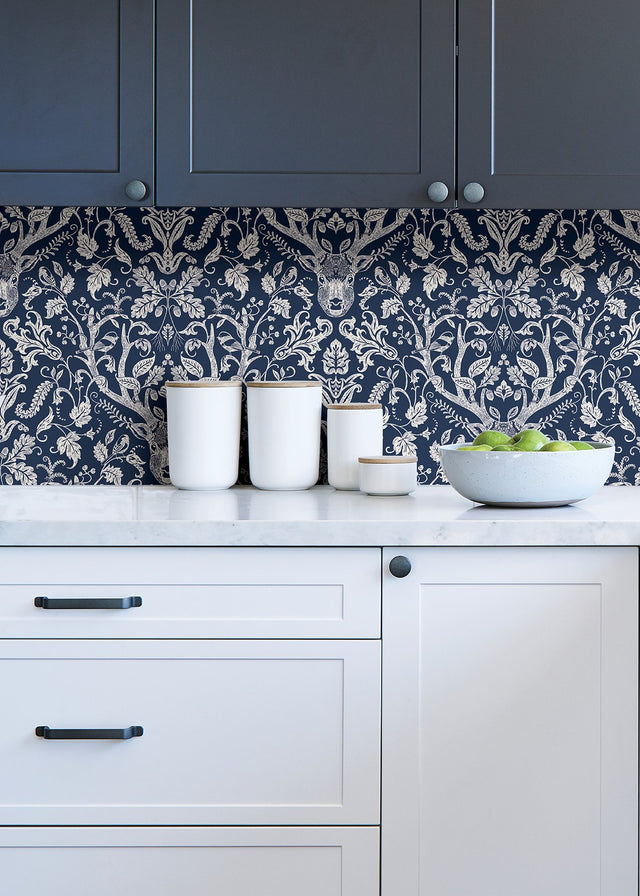 Escape to the Forest Navy Peel & Stick Wallpaper with Whimsical Damask Forest Motif - NuWallpaper NUS3680