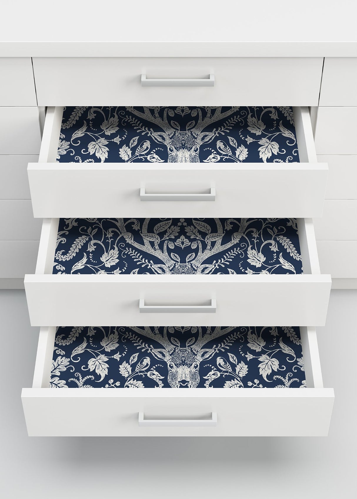 Escape to the Forest Navy Peel & Stick Wallpaper with Whimsical Damask Forest Motif - NuWallpaper NUS3680
