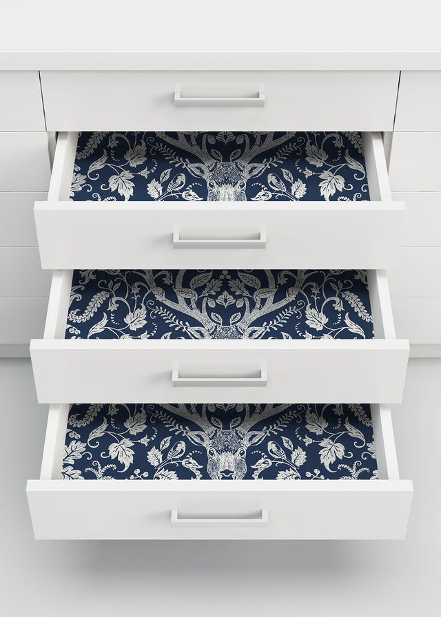 Escape to the Forest Navy Peel & Stick Wallpaper with Whimsical Damask Forest Motif - NuWallpaper NUS3680