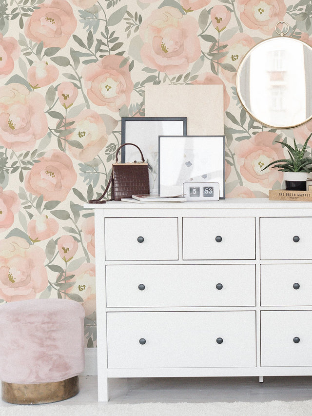 Peachy Keen Rose Peel & Stick Wallpaper with Whimsical Botanical Floral Pattern - NuWallpaper NUS3829