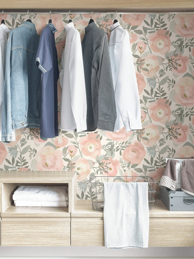 Peachy Keen Rose Peel & Stick Wallpaper with Whimsical Botanical Floral Pattern - NuWallpaper NUS3829