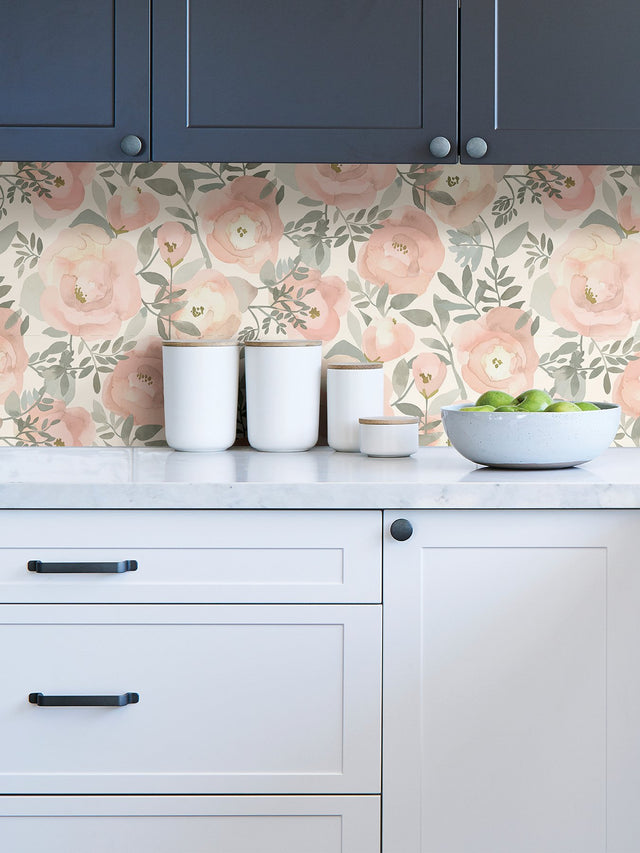 Peachy Keen Rose Peel & Stick Wallpaper with Whimsical Botanical Floral Pattern - NuWallpaper NUS3829