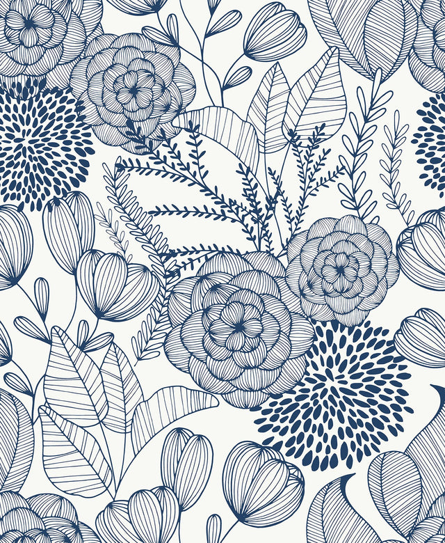 Secret Garden Navy Peel & Stick Wallpaper with Whimsical Botanical Floral Pattern - NuWallpaper NUS3830