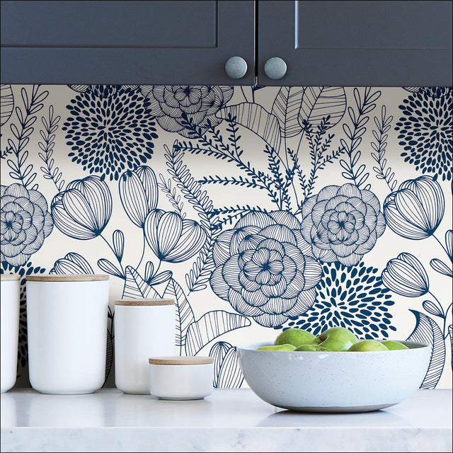 Secret Garden Navy Peel & Stick Wallpaper with Whimsical Botanical Floral Pattern - NuWallpaper NUS3830