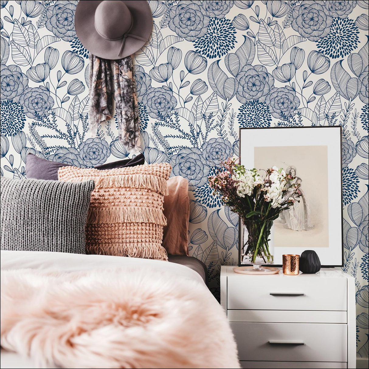 Secret Garden Navy Peel & Stick Wallpaper with Whimsical Botanical Floral Pattern - NuWallpaper NUS3830