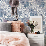 Secret Garden Navy Peel & Stick Wallpaper with Whimsical Botanical Floral Pattern - NuWallpaper NUS3830