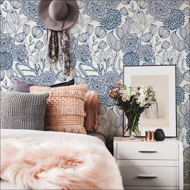 Secret Garden Navy Peel & Stick Wallpaper with Whimsical Botanical Floral Pattern - NuWallpaper NUS3830