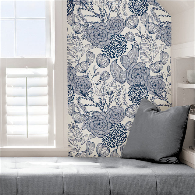 Secret Garden Navy Peel & Stick Wallpaper with Whimsical Botanical Floral Pattern - NuWallpaper NUS3830