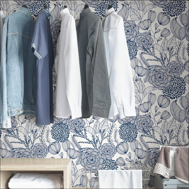 Secret Garden Navy Peel & Stick Wallpaper with Whimsical Botanical Floral Pattern - NuWallpaper NUS3830
