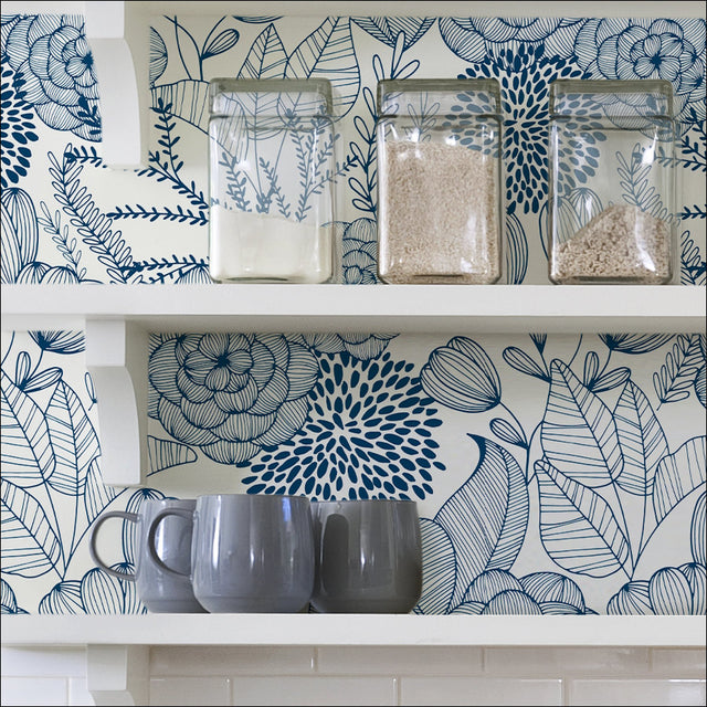 Secret Garden Navy Peel & Stick Wallpaper with Whimsical Botanical Floral Pattern - NuWallpaper NUS3830