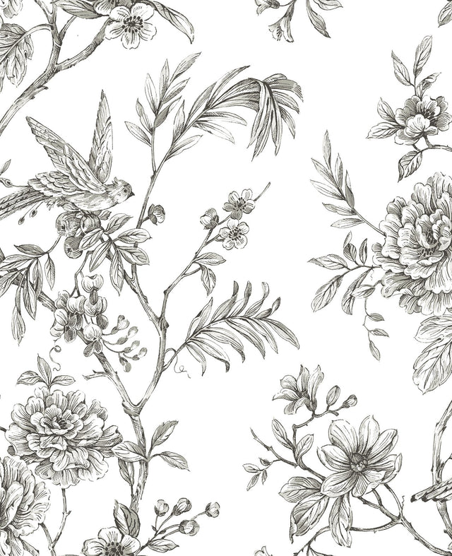 Longwood Charcoal Peel & Stick Wallpaper with Vintage Botanical Floral Pattern - NuWallpaper NUS3832