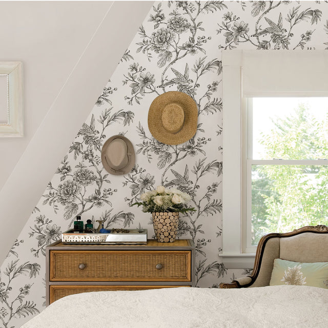Longwood Charcoal Peel & Stick Wallpaper with Vintage Botanical Floral Pattern - NuWallpaper NUS3832