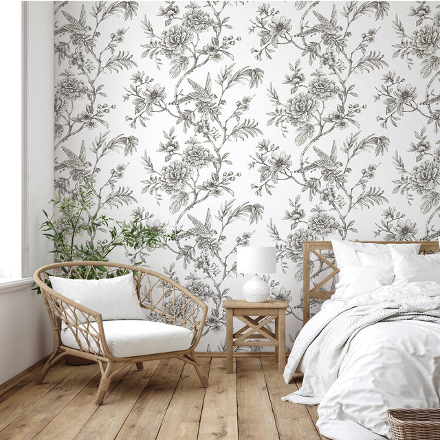 Longwood Charcoal Peel & Stick Wallpaper with Vintage Botanical Floral Pattern - NuWallpaper NUS3832