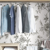 Longwood Charcoal Peel & Stick Wallpaper with Vintage Botanical Floral Pattern - NuWallpaper NUS3832