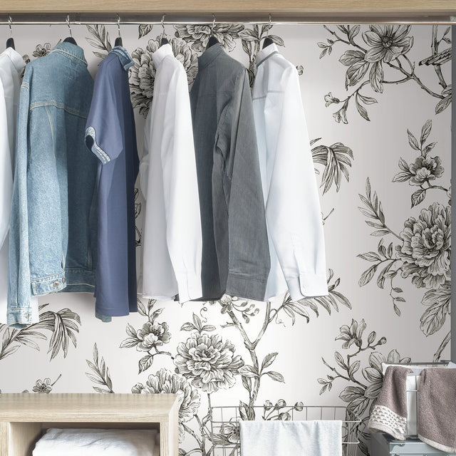 Longwood Charcoal Peel & Stick Wallpaper with Vintage Botanical Floral Pattern - NuWallpaper NUS3832