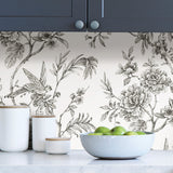 Longwood Charcoal Peel & Stick Wallpaper with Vintage Botanical Floral Pattern - NuWallpaper NUS3832