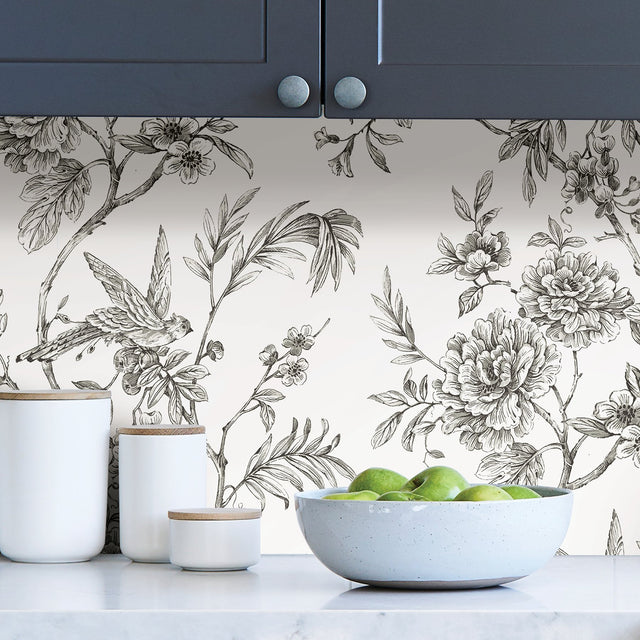 Longwood Charcoal Peel & Stick Wallpaper with Vintage Botanical Floral Pattern - NuWallpaper NUS3832