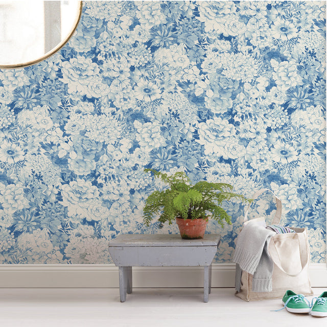 Empress Garden Indigo Peel & Stick Wallpaper with Metallic Modern Floral Pattern - NuWallpaper NUS3833