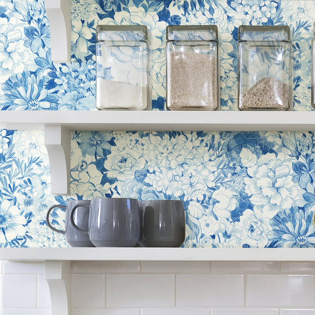 Empress Garden Indigo Peel & Stick Wallpaper with Metallic Modern Floral Pattern - NuWallpaper NUS3833
