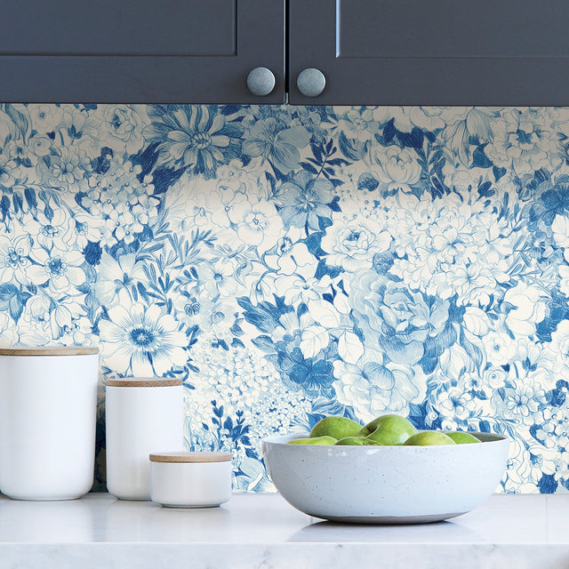 Empress Garden Indigo Peel & Stick Wallpaper with Metallic Modern Floral Pattern - NuWallpaper NUS3833