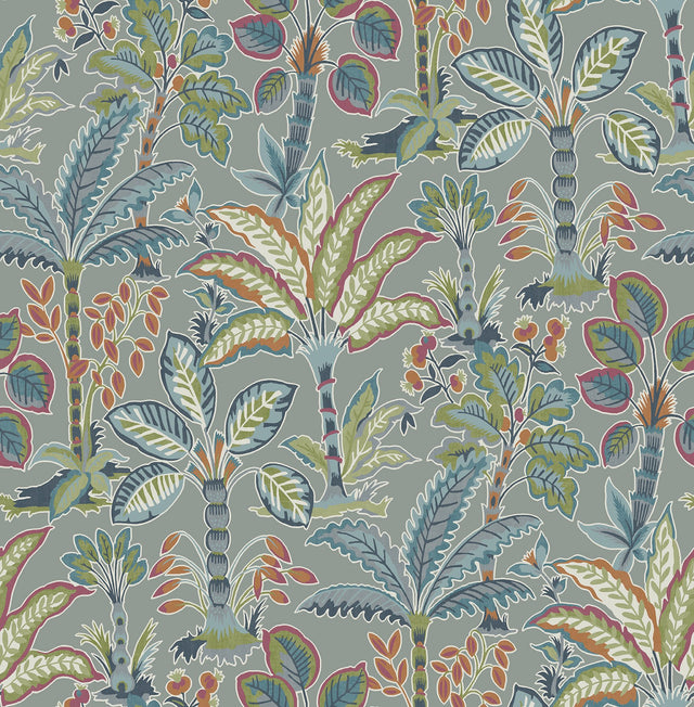 Kapok Grey Peel & Stick Wallpaper with Bohemian Botanical Trees Pattern - NuWallpaper NUS4003
